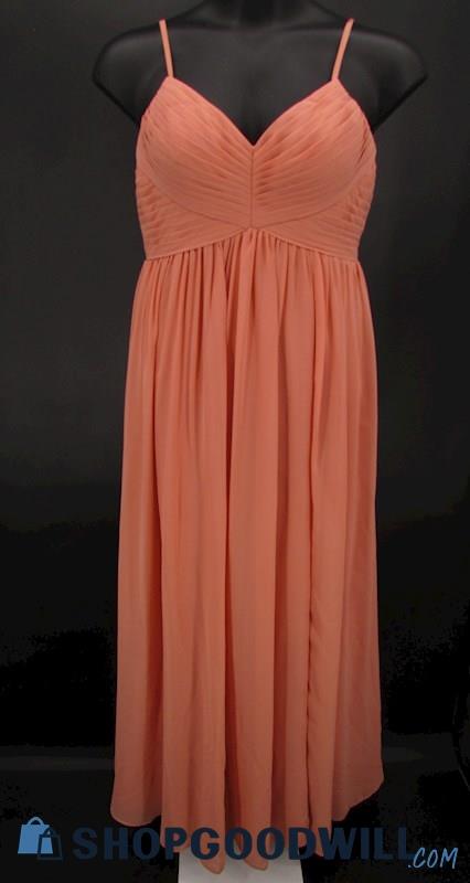 Azazie Women's Coral Pink Pleated V Neck Thigh Slit Column Formal Gown SZ 12