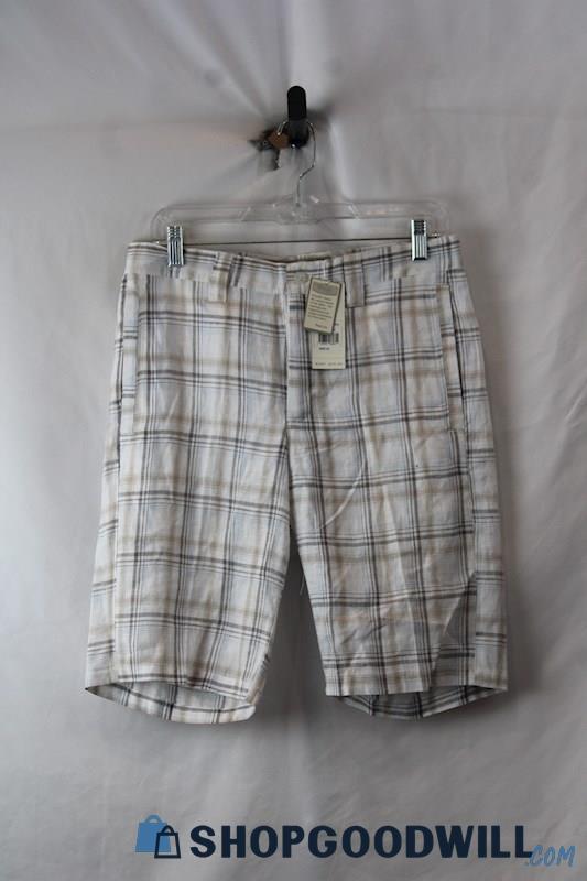 NWT Boho Men's White/Beige Plaid Linen Bermuda Short SZ 30