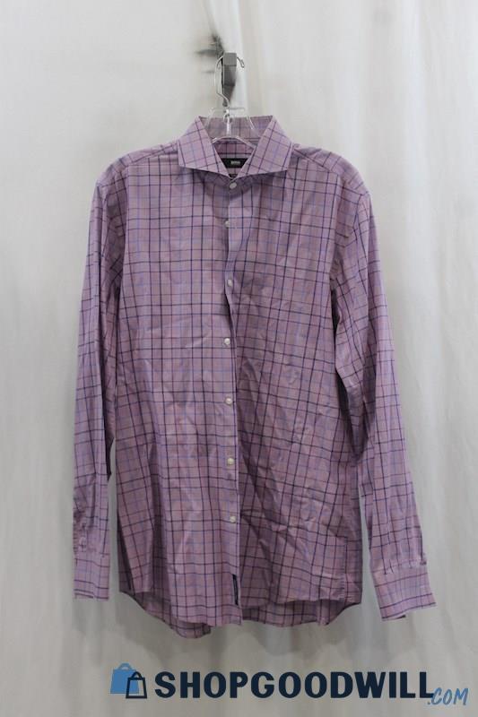 Hugo Boss Men's Purple Checker Pattern Button Up Shirt SZ 41/16