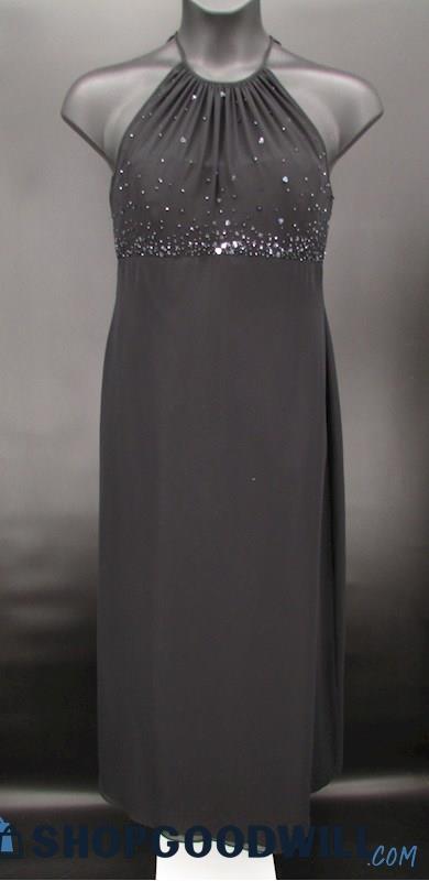 Michelangelo Women's Black Beaded Illusion High Neck Column Formal Gown SZ 12