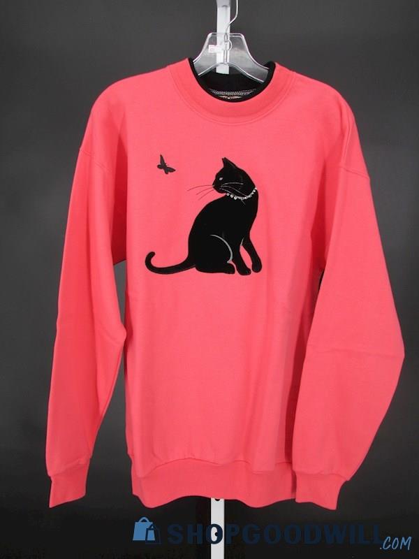 Top Stitch Women's Vtg Pink Black Cat Dble Collared Crewneck Sweatshirt SZ M