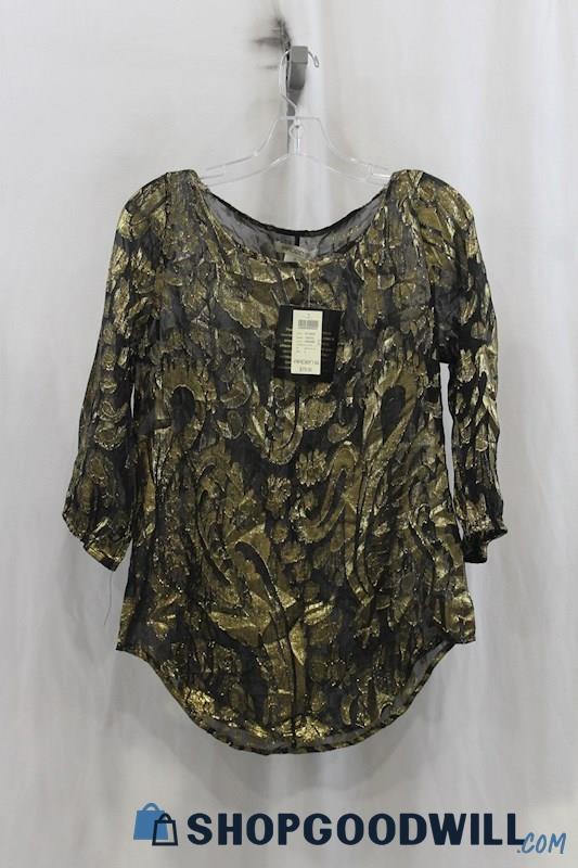 NWT Arden B Womens Black/Metallic Gold Pattern Blouse Sz S