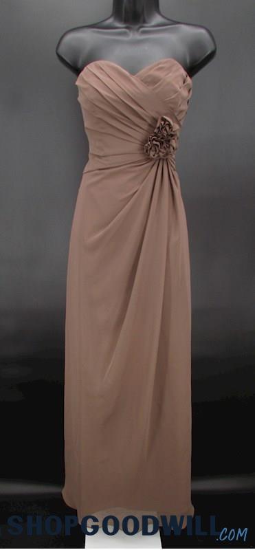 Alfred Angelo Women's Brown Pleated Sweetheart Strapless Rosette Gown SZ 2