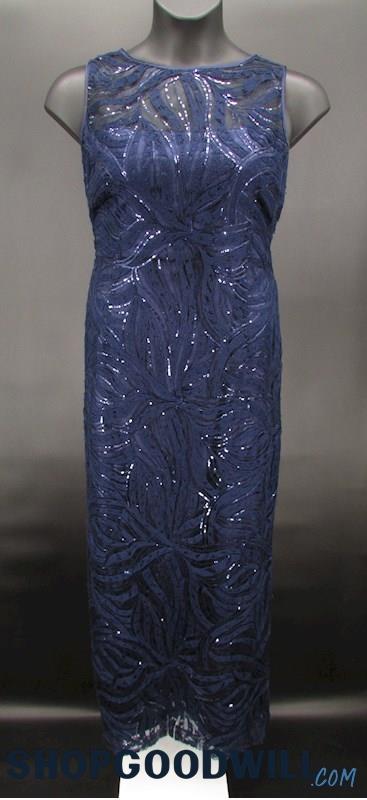 Tahari Women's Navy Blue Embroidered Sequin Illusion High Neck Formal Gown SZ 14