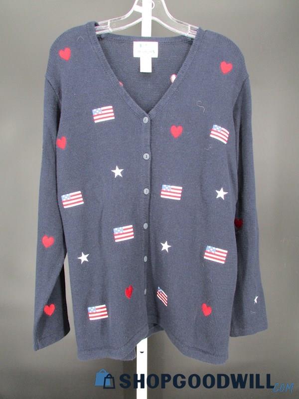 The Quacker Factory Women's Vtg Navy American Flag Knit Cardigan Sweater SZ M