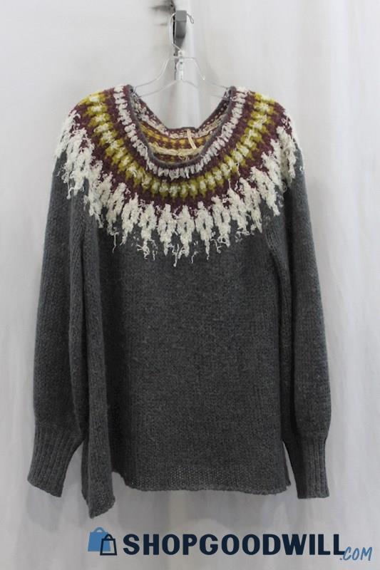 Free People Women's Gray/Red Knit Pullover Sweater SZ L