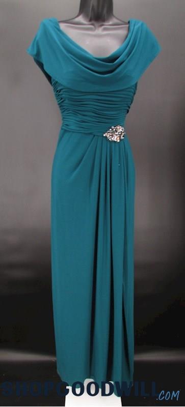 Patra Women's Green Cowl Neck Pleated Rhinestone Detail Formal Gown SZ 10