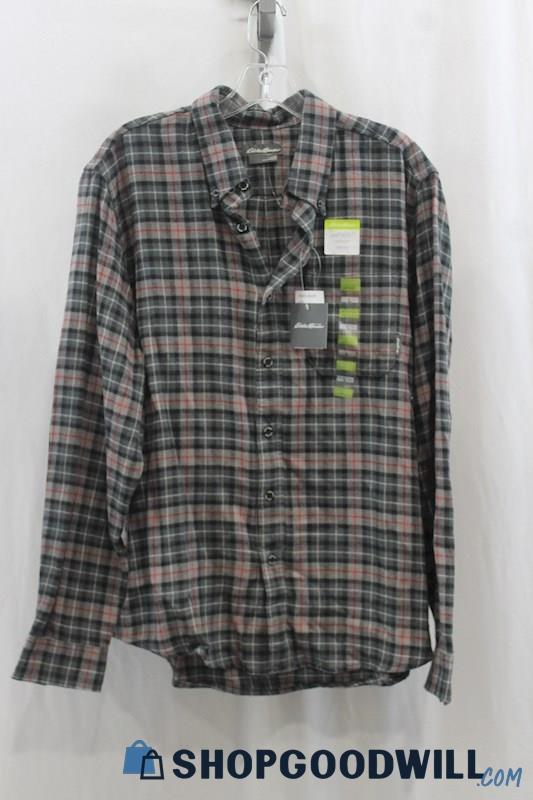 NWT Eddie Bauer Men's Black/Brown Plaid Button Up Shirt SZ L