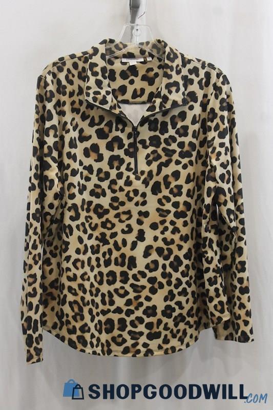 Chico's Women's Brown/Beige Leopard Print Half Zip Sweater SZ L