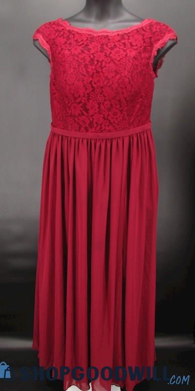 Azazie Women's Dark Red Lace Illusion High Neck Cap Sleeve Formal Gown SZ 16