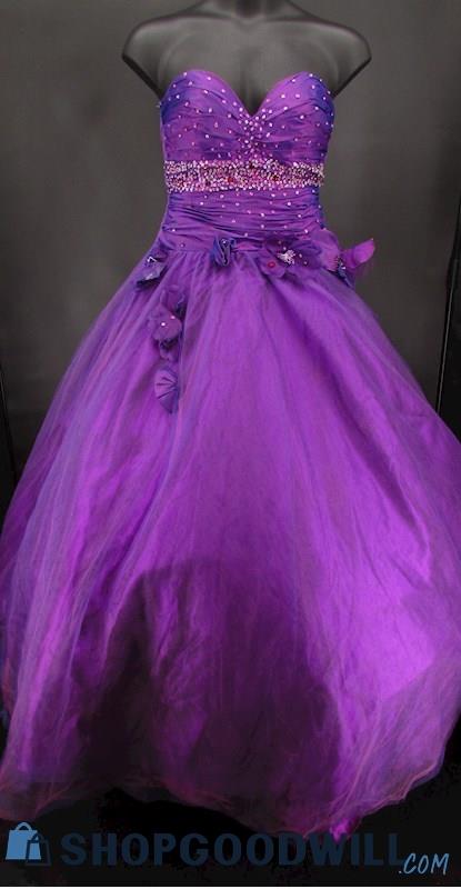 Camille La Vie Women's Purple Beaded Rosette Strapless Ballgown SZ 10