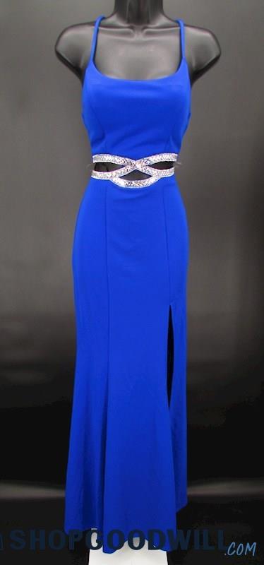 Speechless Juniors Blue Rhinestone Cut Out Scoop Neck Formal Gown SZ 3