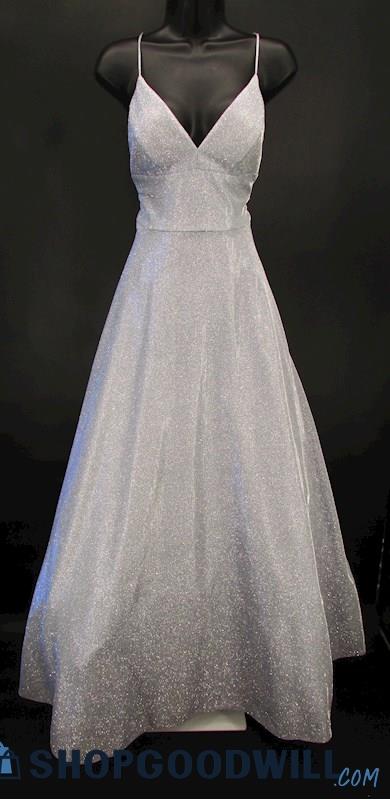 Betsey Adam Women's Light Blue Glitter V Neck Spaghetti Strap Ballgown SZ 2