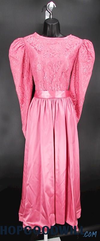 Women's Vintage Fuchsia Floral Lace Long Sleeve Midi A-Line Formal Dress SZ L