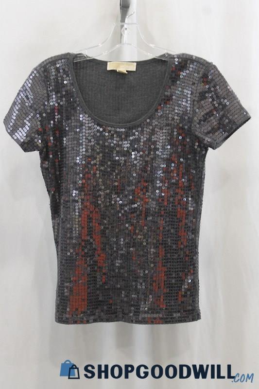 Michael Kors Women's Silver Sequin Pullover T-Shirt SZ S