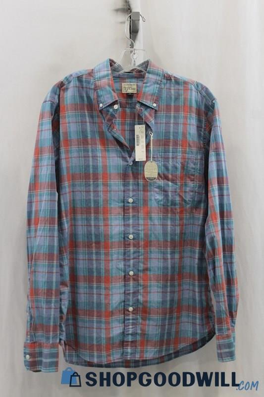 NWT J.Crew Mens Blue/Orange Plaid Button Up Shirt Sz M