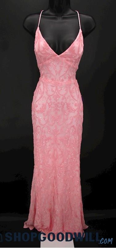 Windsor Women's Pale Pink Sequin V Neck Cage Back Full Length Formal Gown SZ S