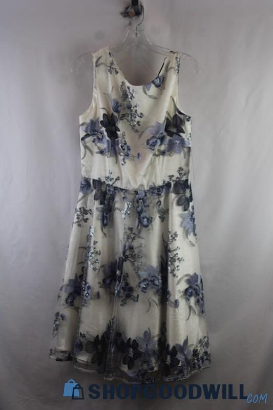 NWT Tahari Women's White/Blue Floral Embroidered Overlay Dress SZ 8