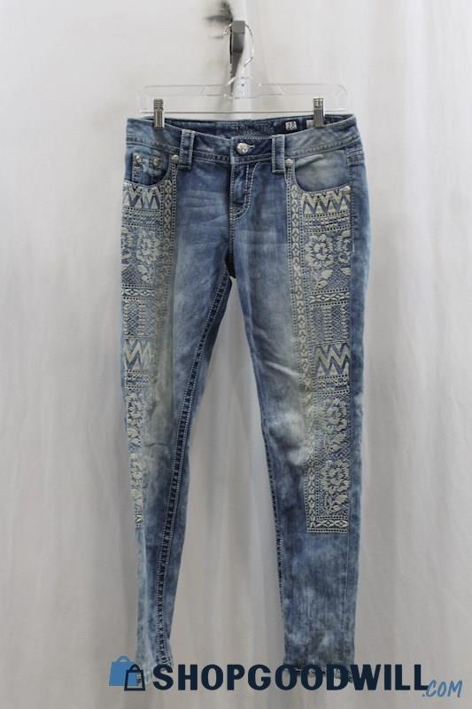 Miss Me Womens Blue Washed Embroidered Pattern Skinny Jeans Sz 28