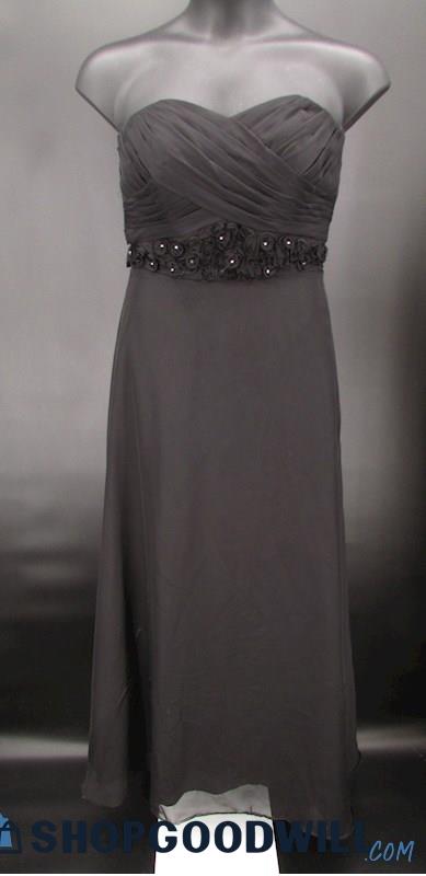 Mori Lee Women's Black Pleated Rosette Strapless Full Length Formal Gown SZ 12