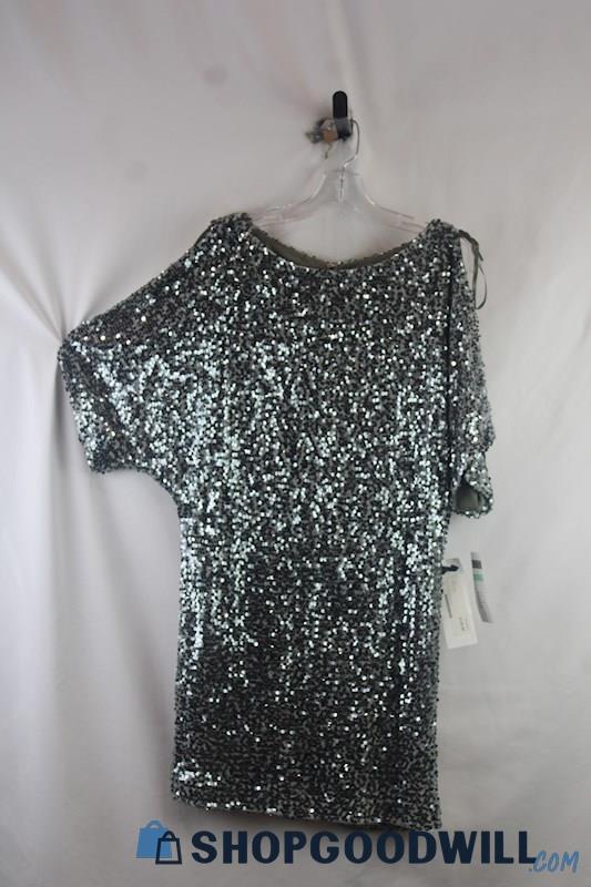 NWT Cachet Women's Silver Sequin Boat Neck Cold Shoulder Dress sz 8