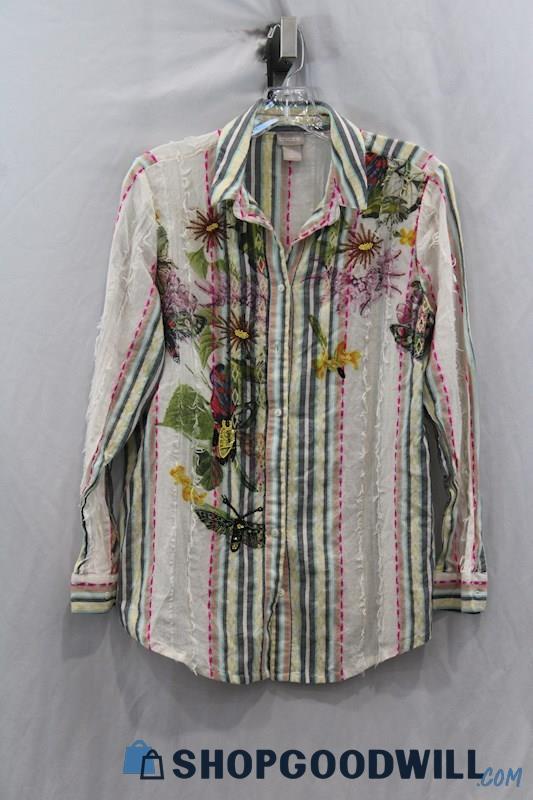 Chico's Women's White Beaded/Embroidered Bug/Flower 4Button Up Shirt SZ M