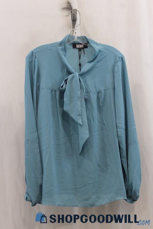 NWT DKNY Womens Blue Neck Tie Blouse Sz L