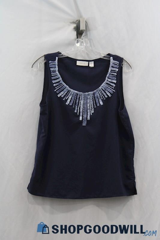 Chico's Women's Navy Embroidered Color Sleeveless Blouse SZ M