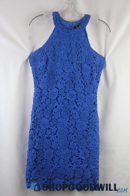 Lulus Women's Blue Floral Lace High Neck Dress sz M