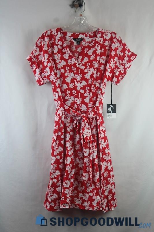 NWT Simply Vera Women's Red/White Floral V Neck Belted Dress sz 8