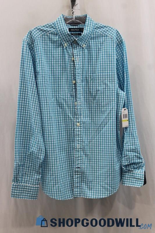 NWT Nautica Mens Turquoise/White Gingham Dress Shirt Sz M