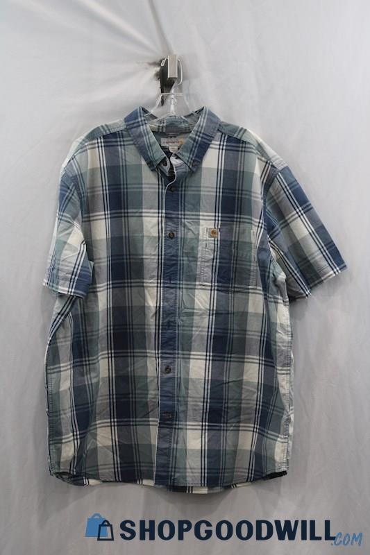 Carhartt Men's Navy/Teal Plaid SS Button Up Shirt SZ 2XL  