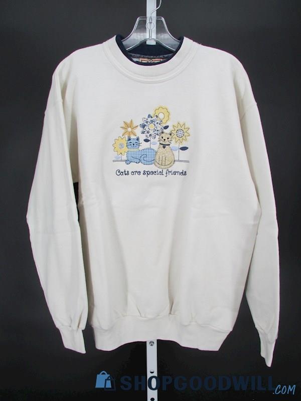 Top Stitch Womens Vtg White Embroidered Cats Dble Collared Crewneck Sweatshirt M