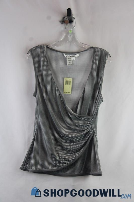 NWT Max Studio Women's Gray/White Polka Dot Surplice Rouched Tank Top sz L