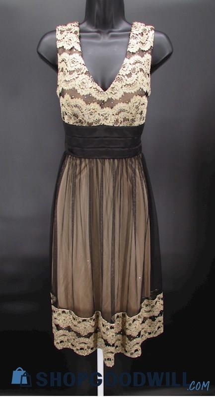 Jessica Howard Women's Black & Gold Glitter Lace V Neck Knee Length Gown SZ 6