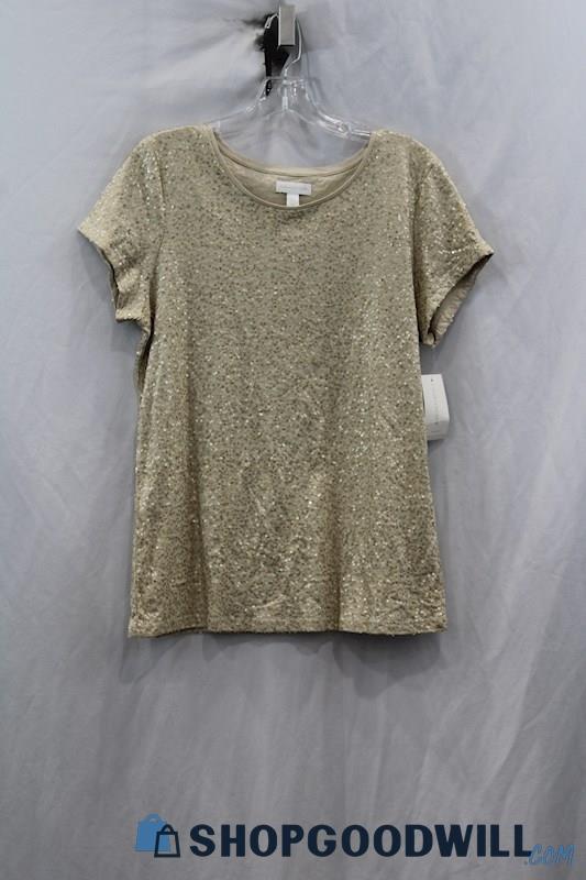 NWT Charter Club Women's Gold/Gold Sequin Embellished SS Blouse SZ L 