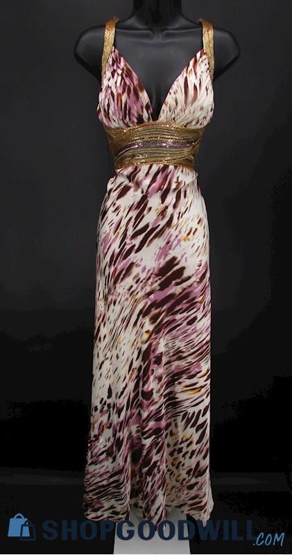 David's Bridal Womens Pink Brown & Gold Beaded Illusion Cut Out Formal Gown SZ 2