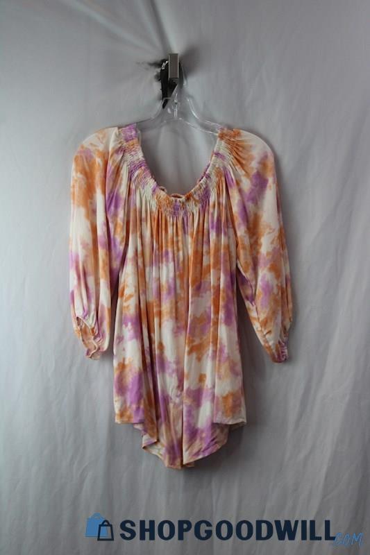 NWT Ariella Women's Orange/Purple Watercolor Pattern OTS LS Blouse SZ M