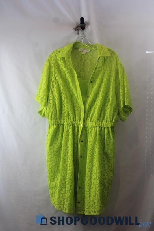 Michael Kors Women's Chartreuse Green Lace SS Button Up Dress SZ 0X