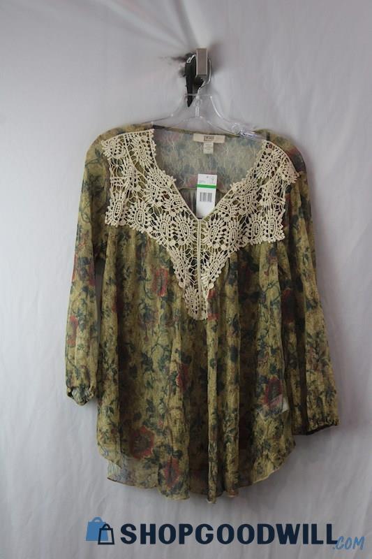 NWT Vintage America Women's Beige/Red Floral Sheer Lace Embroidered Blouse SZ L