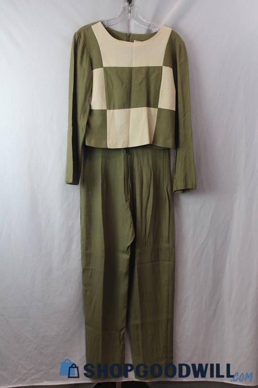 Christy Lyn Women's VTG Green/Beige Colorblock Shirt/Pant Set SZ 8