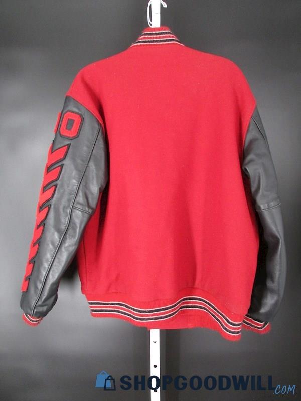 JBS Apparel Women's Vintage Red/Black Patched Snap-Up Wool Varsity Jacket SZ L