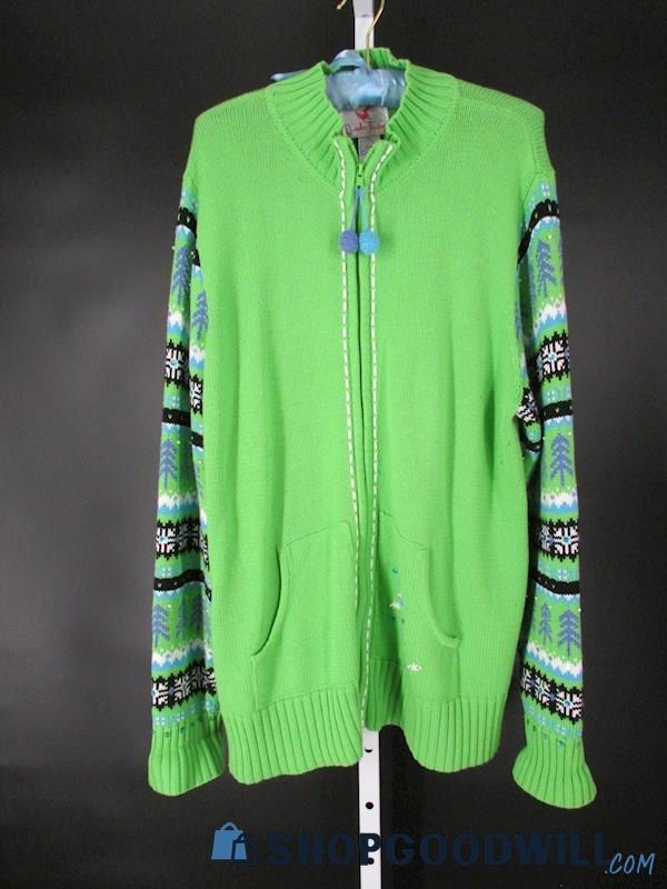 Quacker Factory Women's Vintage Green Snow Knit Full Zip Sweater SZ XL