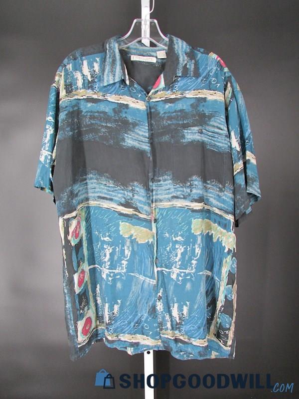 Expressions Men's Vintage Blue Abstract Print Short Sleeve Button-Up SZ