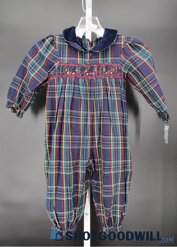 Baby Ur It Children's Vintage Navy/Green/Red Collared Plaid Romper SZ 24 Mos