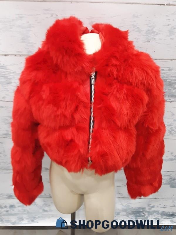 Fashionable Red Faux Fur Cropped Jacket - Size S 