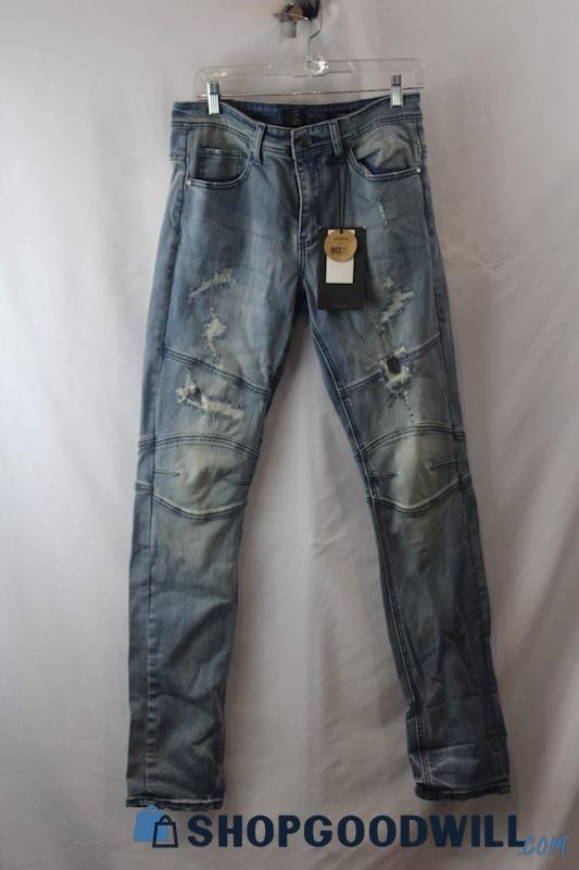 NWT No 91 Men's Weathered Blue Distressed Moto Slim Jean SZ 32