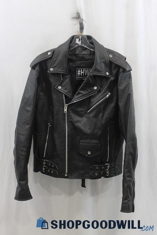 HWK Mens Black Leather Moto Jacket Sz L