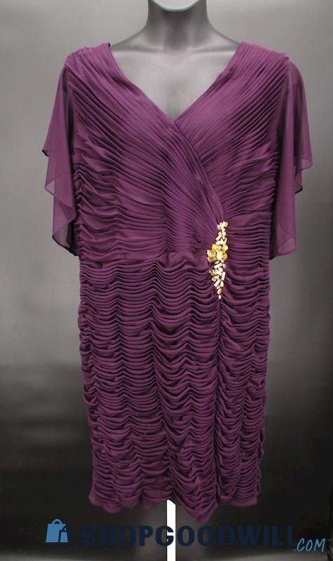 Xscape Women's Purple Pleated V Neck Rhinestone Knee Length Formal Gown SZ 22W