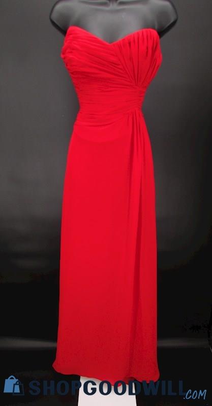 Badgley Mischka Women's Red Pleated Strapless Sweetheart Formal Gown SZ 10